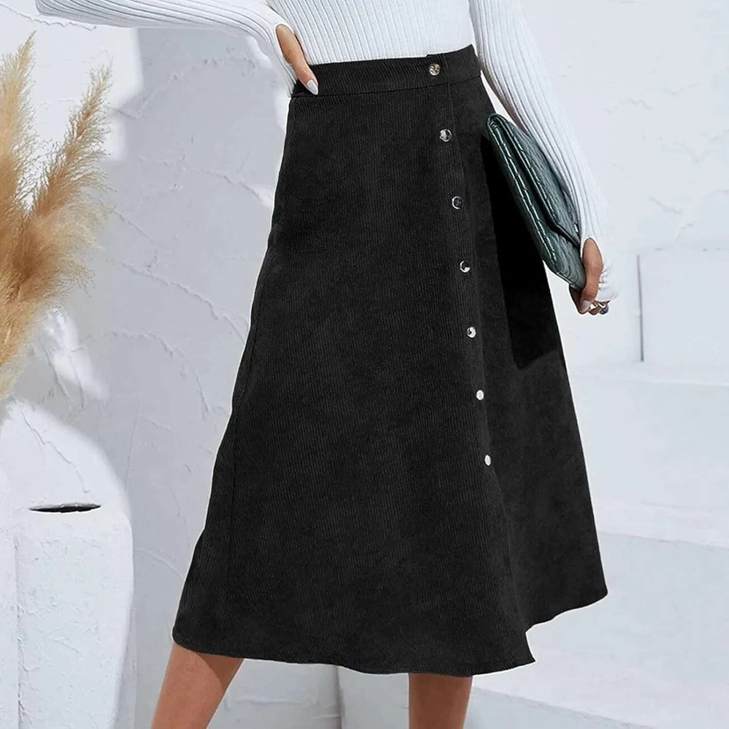 Womens A Line Button Up Midi Skirt Corduroy High Waist Skirt