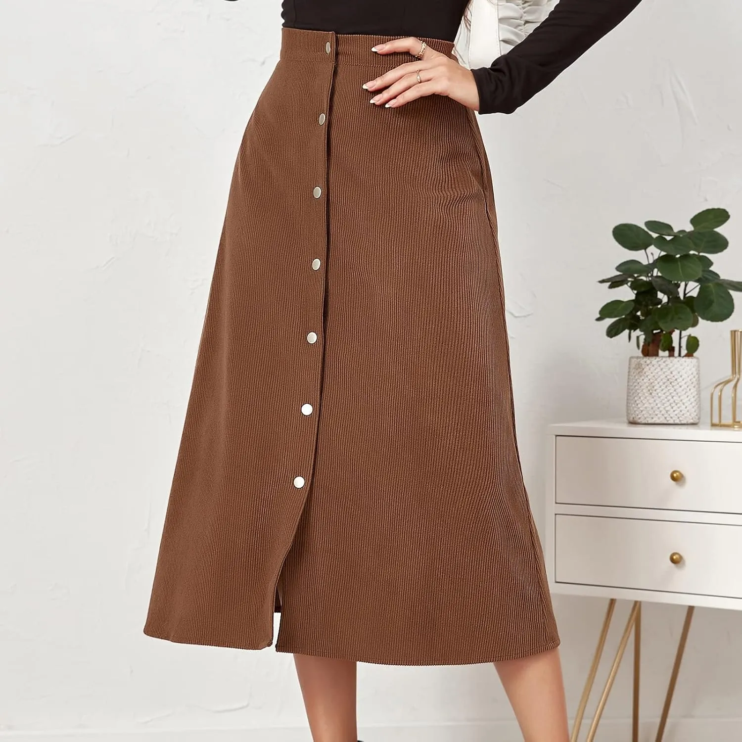 Womens A Line Button Up Midi Skirt Corduroy High Waist Skirt