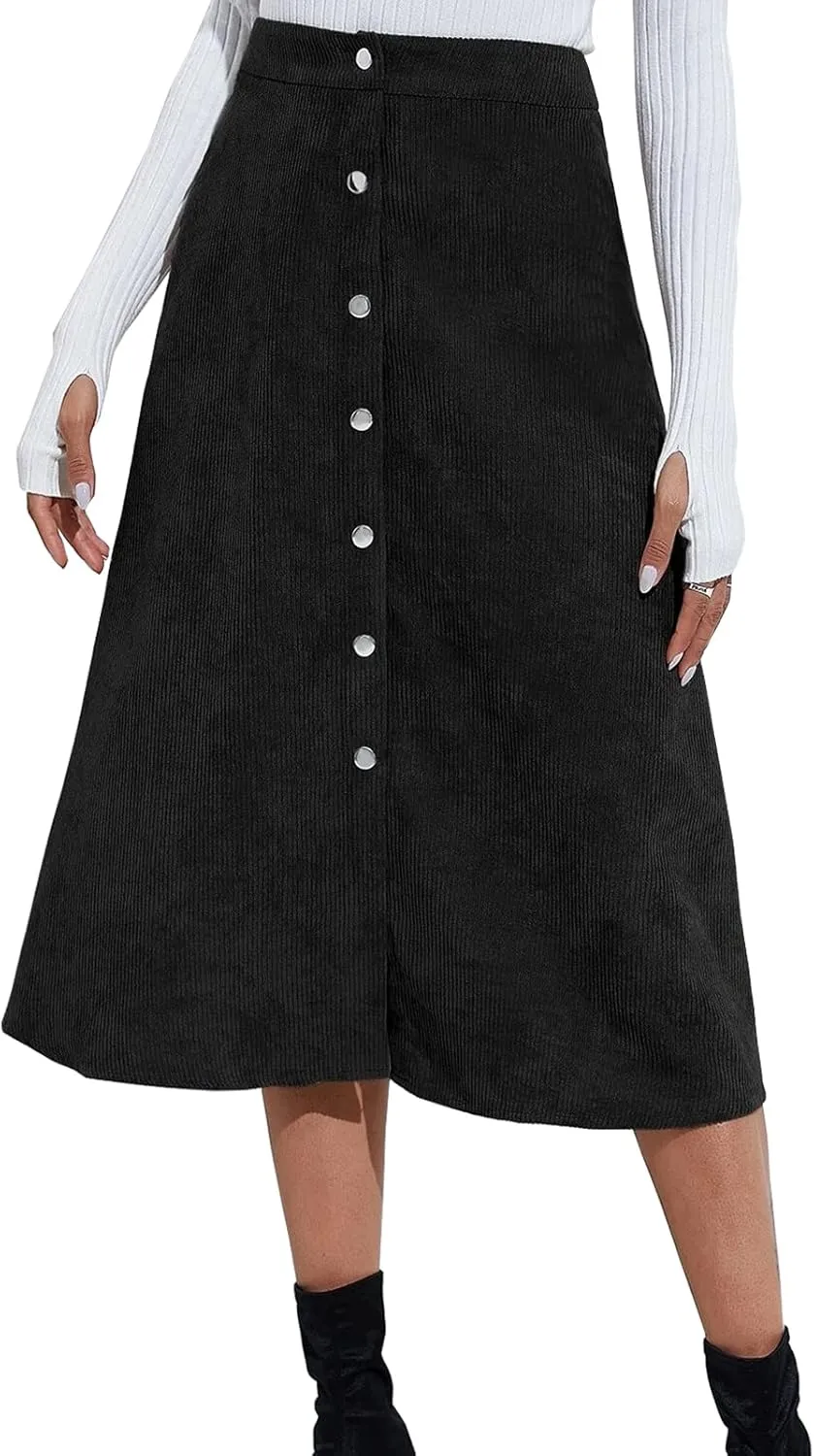 Womens A Line Button Up Midi Skirt Corduroy High Waist Skirt