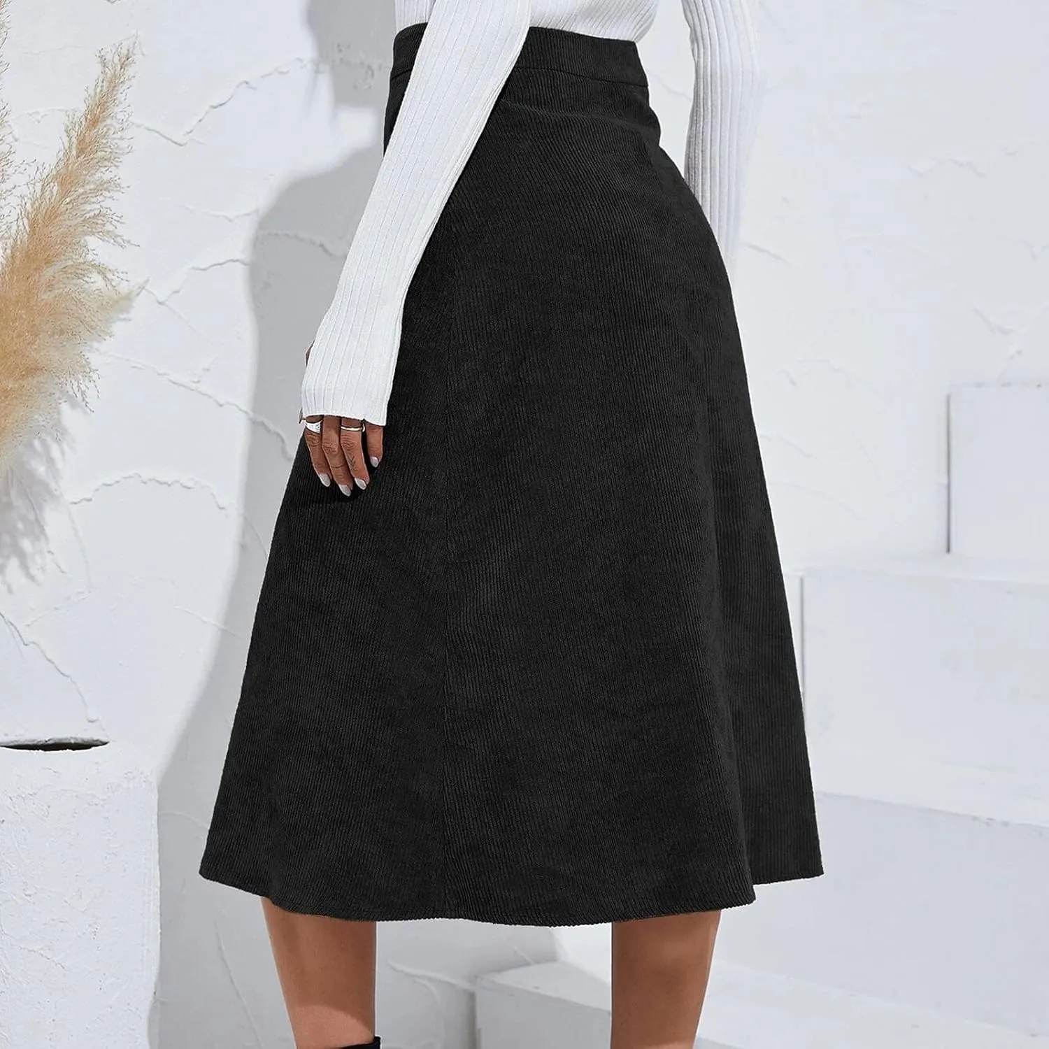 Womens A Line Button Up Midi Skirt Corduroy High Waist Skirt