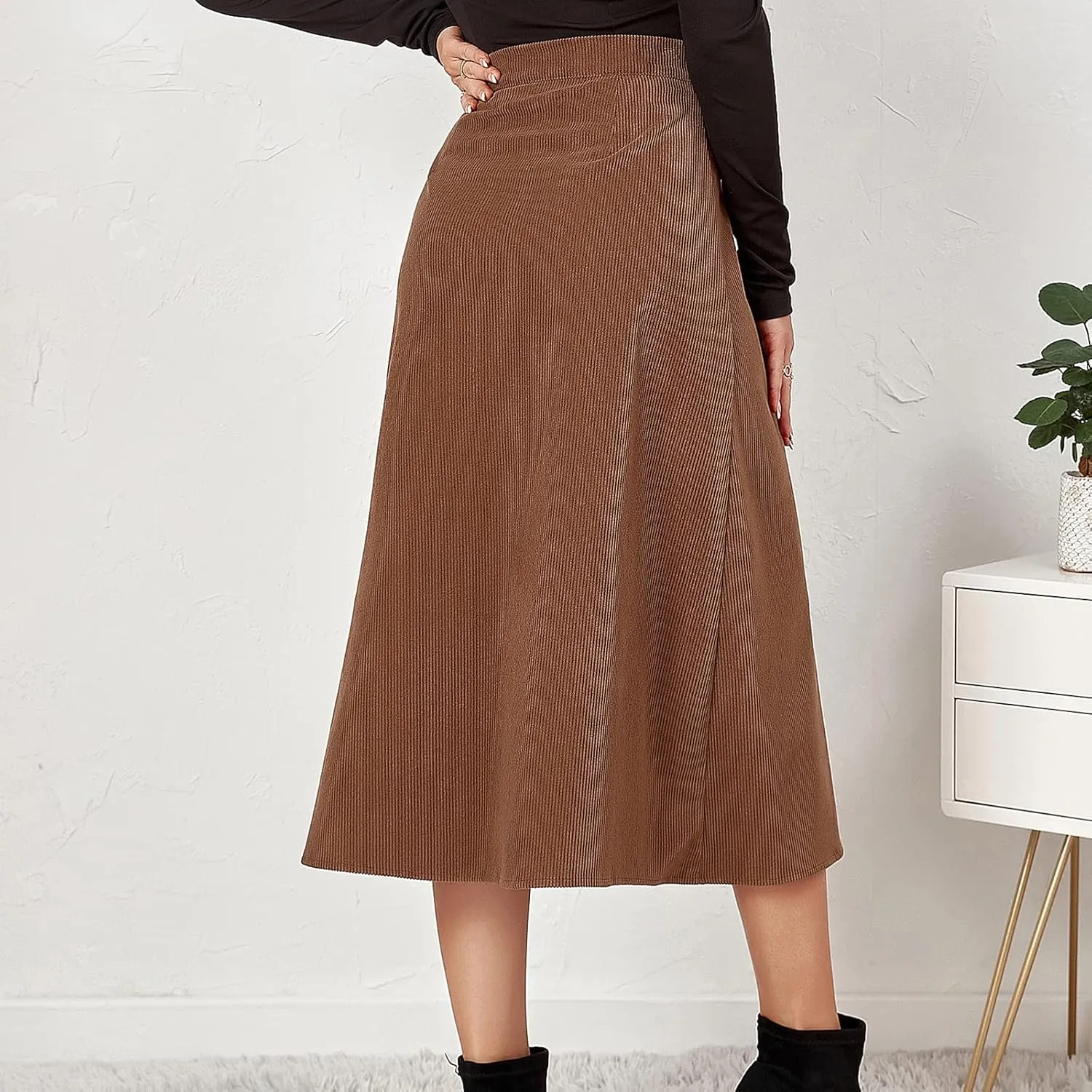 Womens A Line Button Up Midi Skirt Corduroy High Waist Skirt