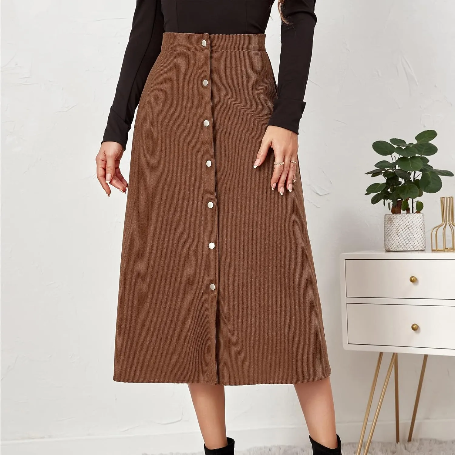 Womens A Line Button Up Midi Skirt Corduroy High Waist Skirt