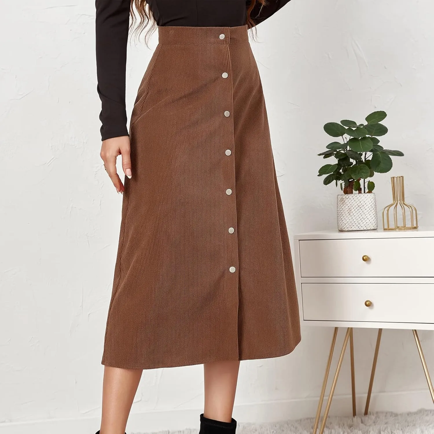 Womens A Line Button Up Midi Skirt Corduroy High Waist Skirt
