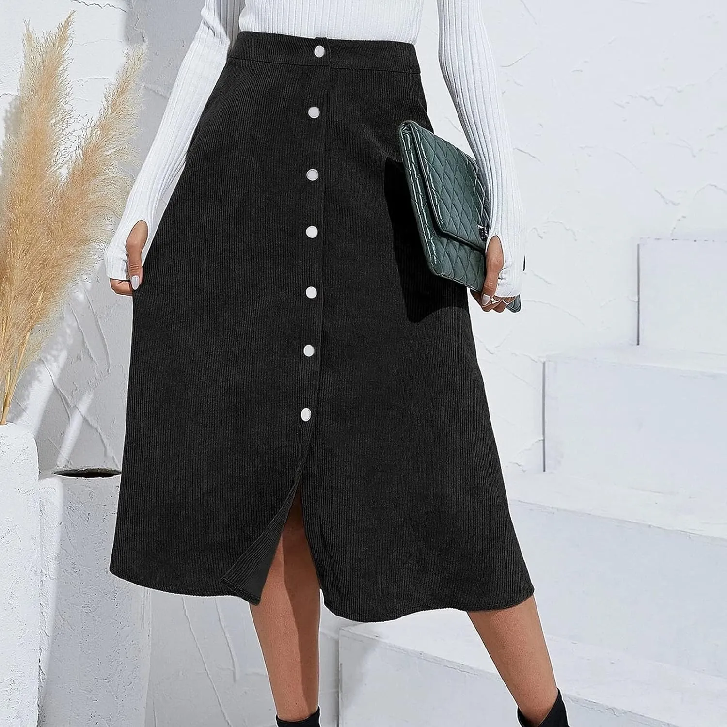 Womens A Line Button Up Midi Skirt Corduroy High Waist Skirt