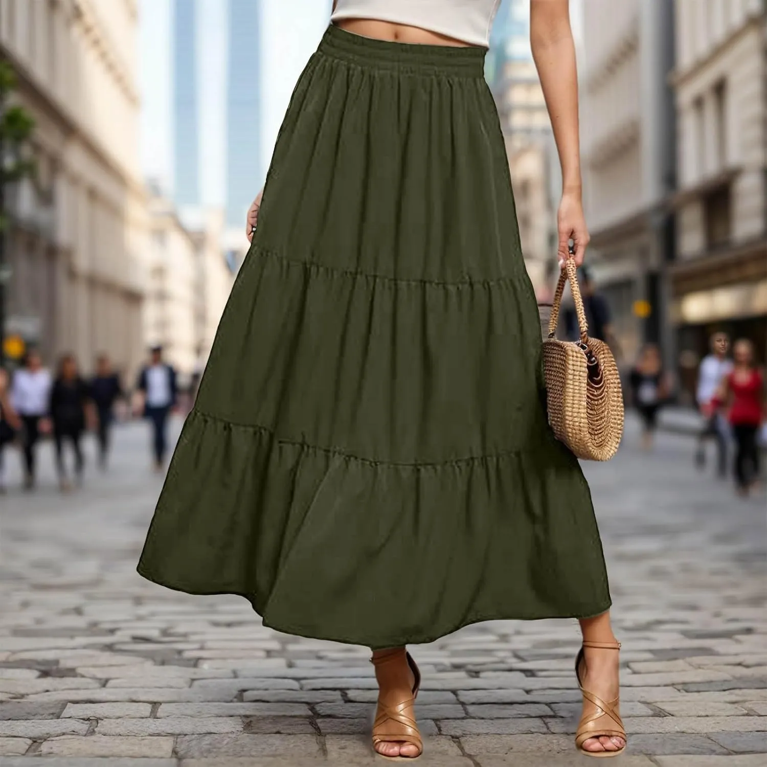 Women's Boho Elastic High Waist Pleated Dress A-Line Flowy Ruffle Tiered Swing Dress Beach Long Skirts with Pockets