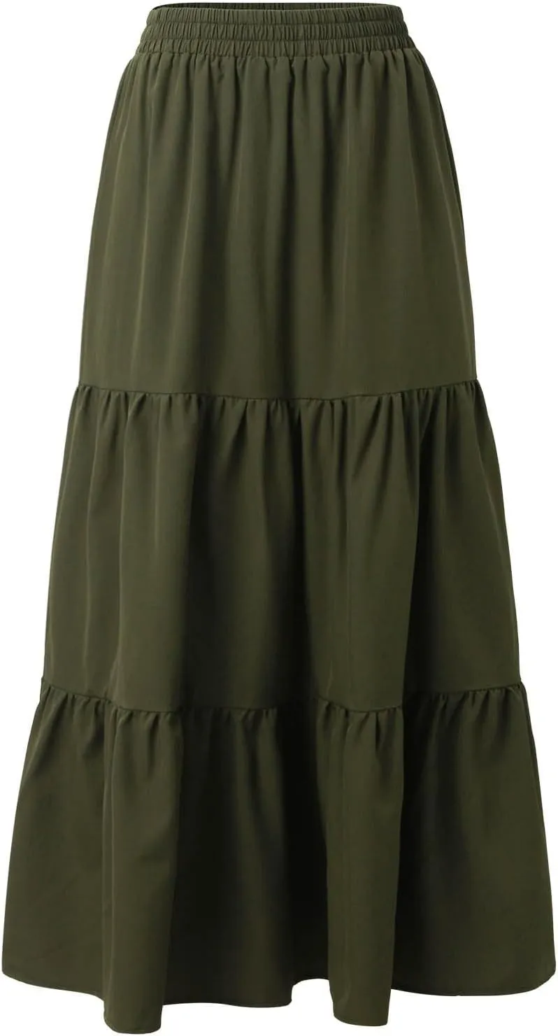 Women's Boho Elastic High Waist Pleated Dress A-Line Flowy Ruffle Tiered Swing Dress Beach Long Skirts with Pockets