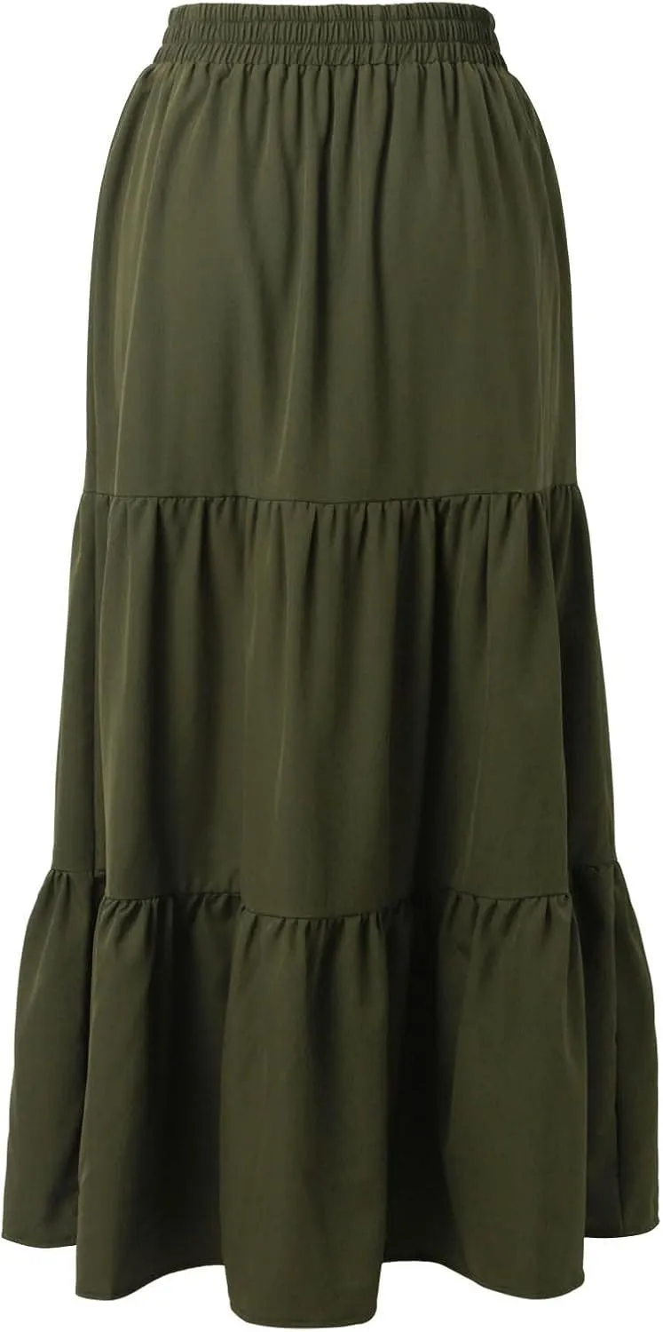 Women's Boho Elastic High Waist Pleated Dress A-Line Flowy Ruffle Tiered Swing Dress Beach Long Skirts with Pockets