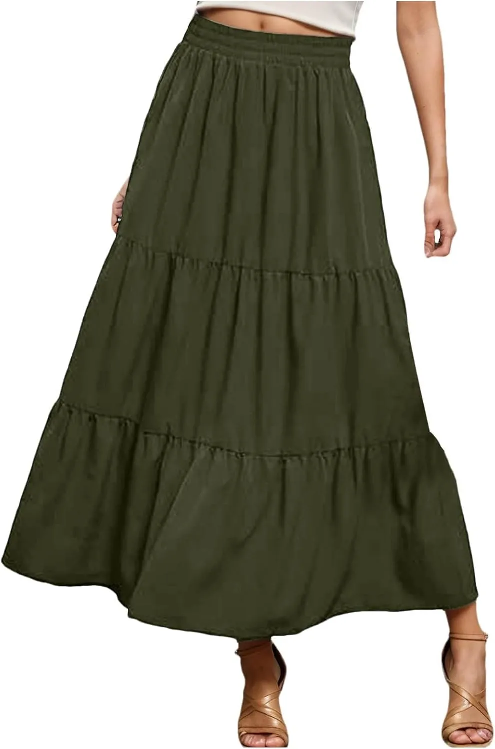 Women's Boho Elastic High Waist Pleated Dress A-Line Flowy Ruffle Tiered Swing Dress Beach Long Skirts with Pockets