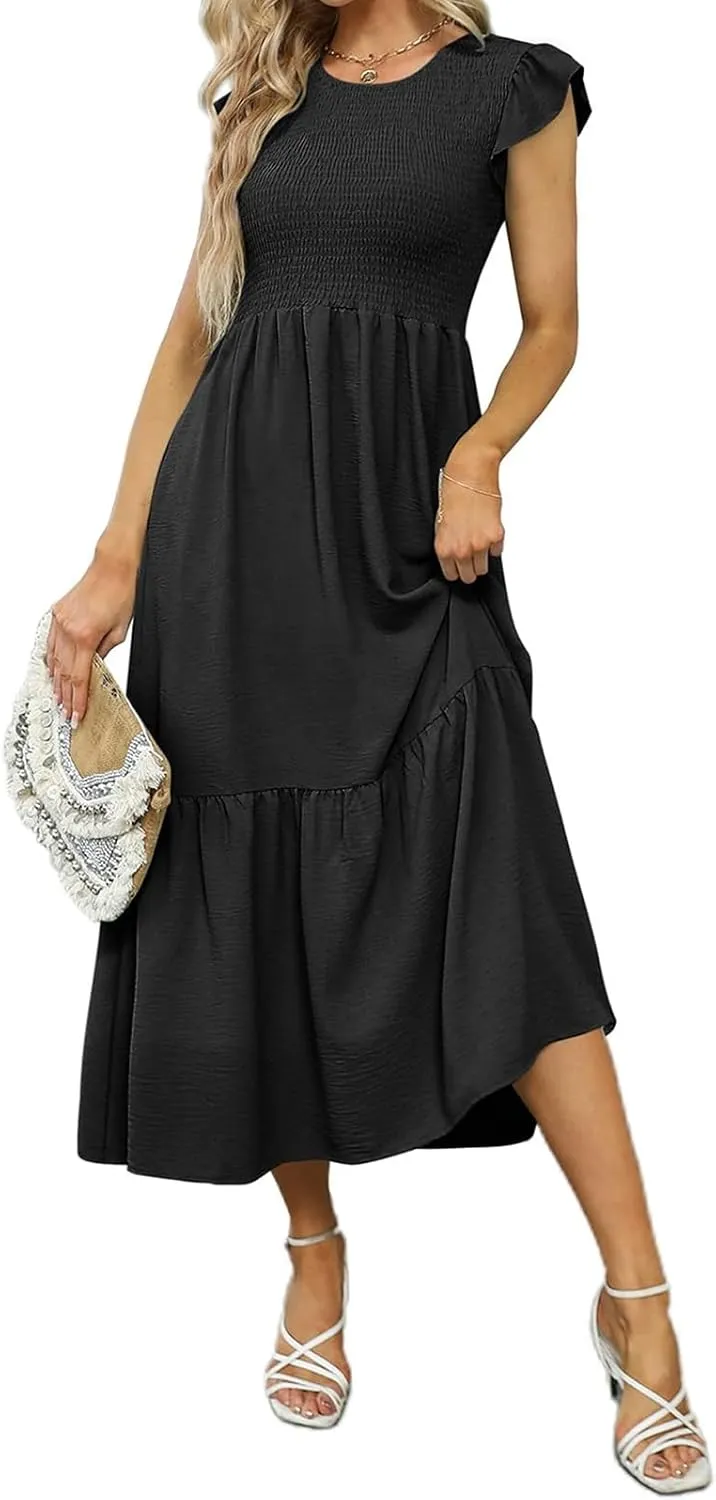 Women's Casual Maxi Dresses Ruffle Sleeve Crew Neck Long Dress Elegant Empire Waist Wedding Dresses Tiered A-Line Dress