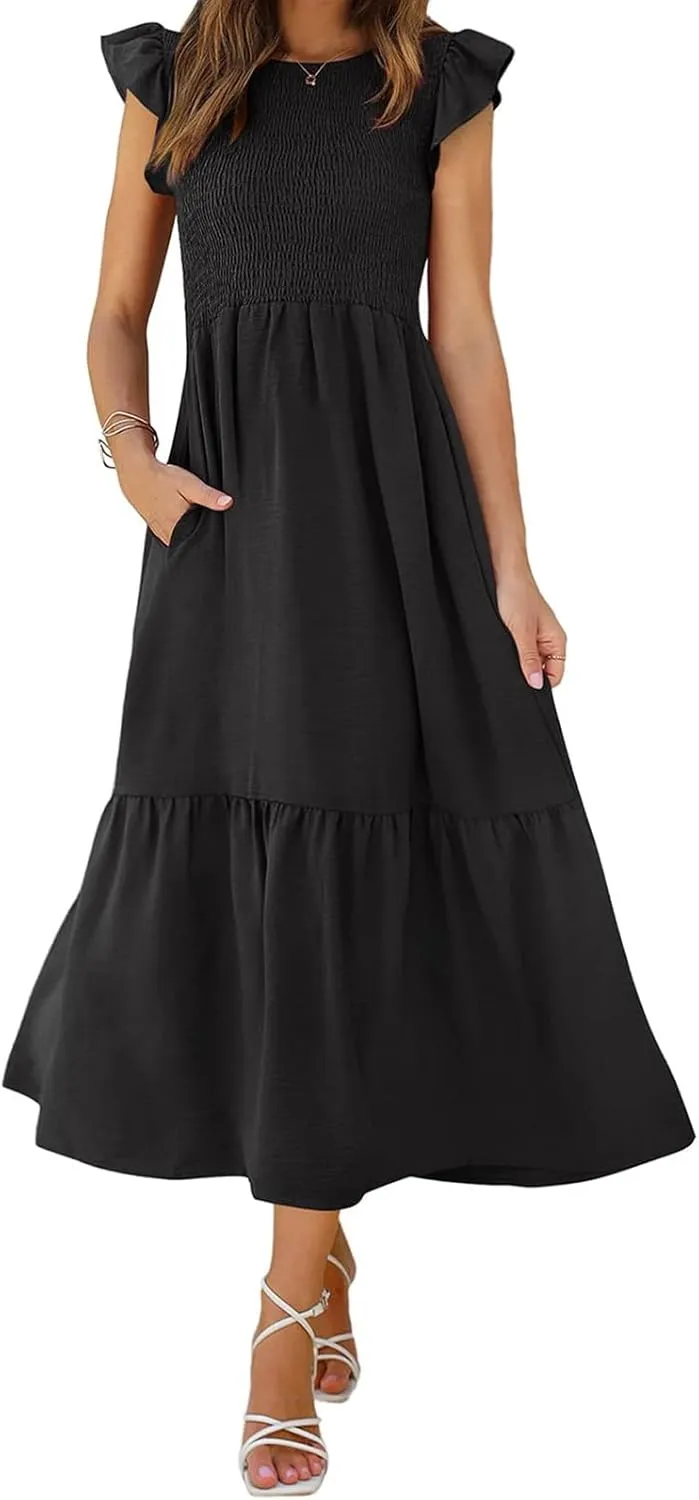 Women's Casual Maxi Dresses Ruffle Sleeve Crew Neck Long Dress Elegant Empire Waist Wedding Dresses Tiered A-Line Dress