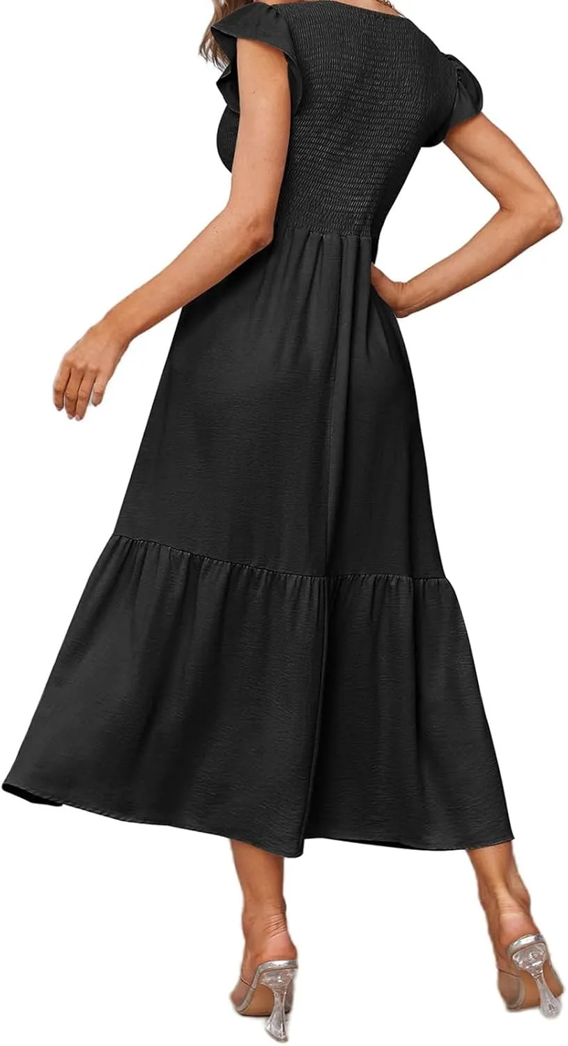 Women's Casual Maxi Dresses Ruffle Sleeve Crew Neck Long Dress Elegant Empire Waist Wedding Dresses Tiered A-Line Dress