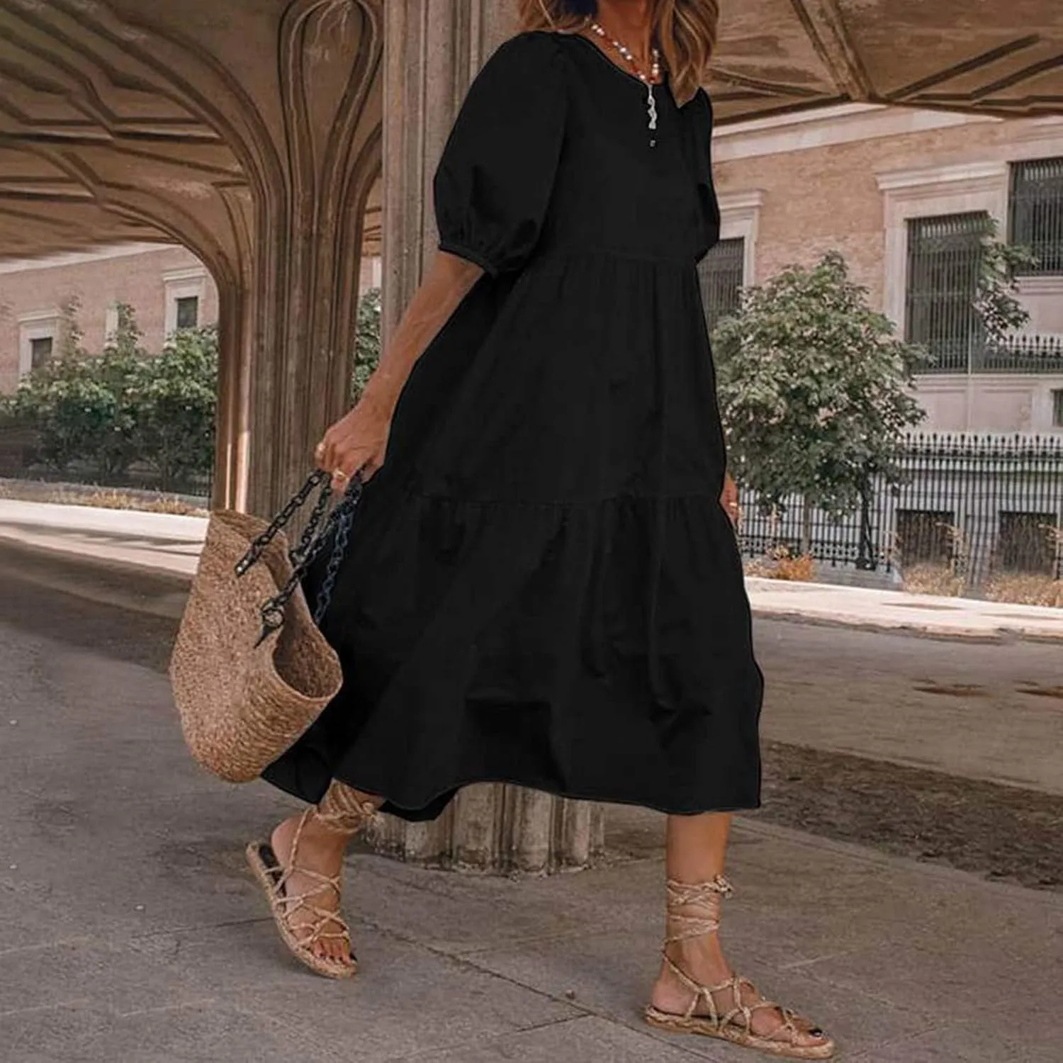 Women's Casual Summer Crewneck Short Puff Sleeve Cotton Linen Midi Dress High Waist Ruffle Tiered A Line Maxi Dresses