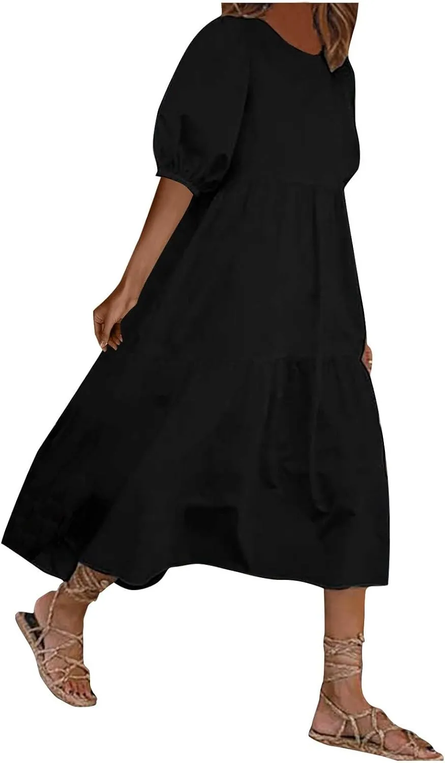 Women's Casual Summer Crewneck Short Puff Sleeve Cotton Linen Midi Dress High Waist Ruffle Tiered A Line Maxi Dresses