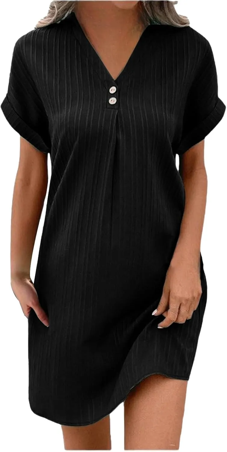 Womens Casual Summer Dresses Button Up V Neck Short Sleeve Mini Dress Dressy Work Tshirt Dress