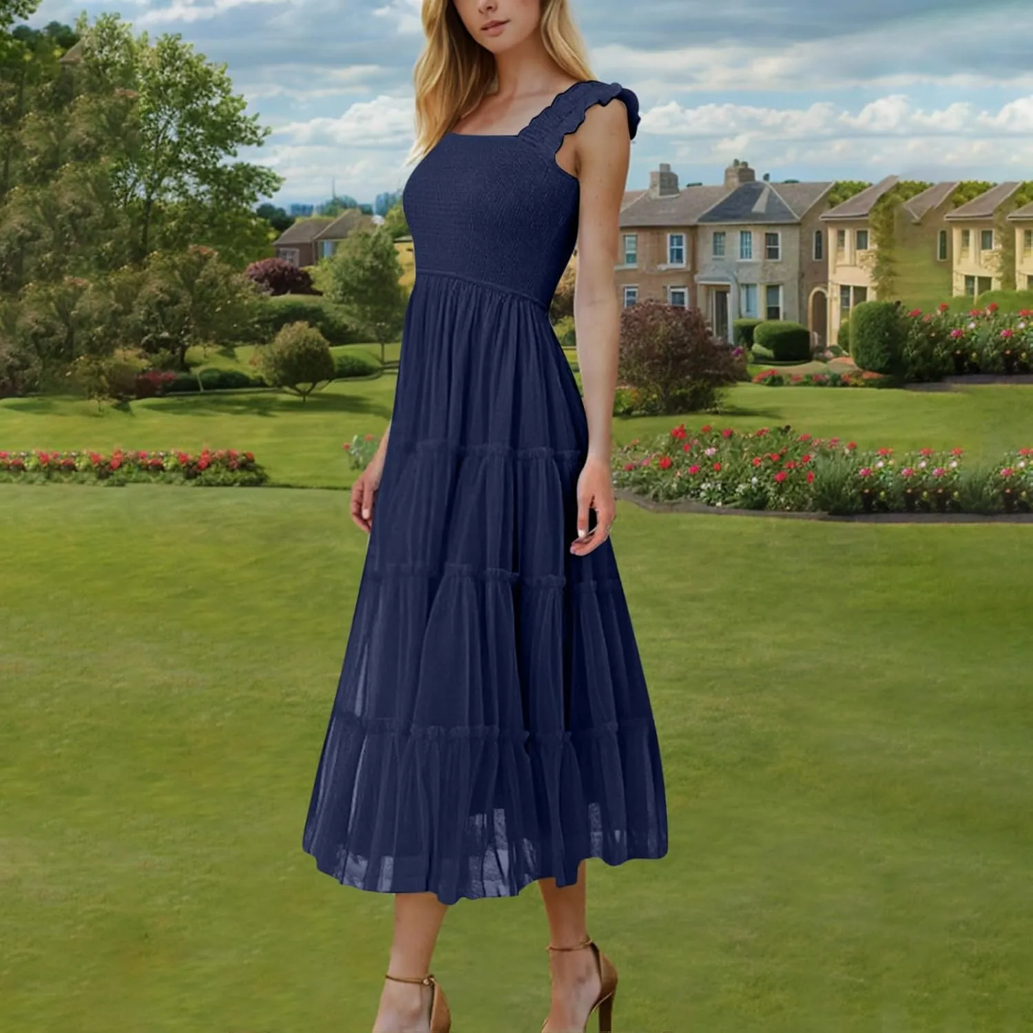 Womens Dresses Sexy Waist-Length Sleeveless Beach Dress Lightweight Breathable Casual Loose Swing Midi Dresses