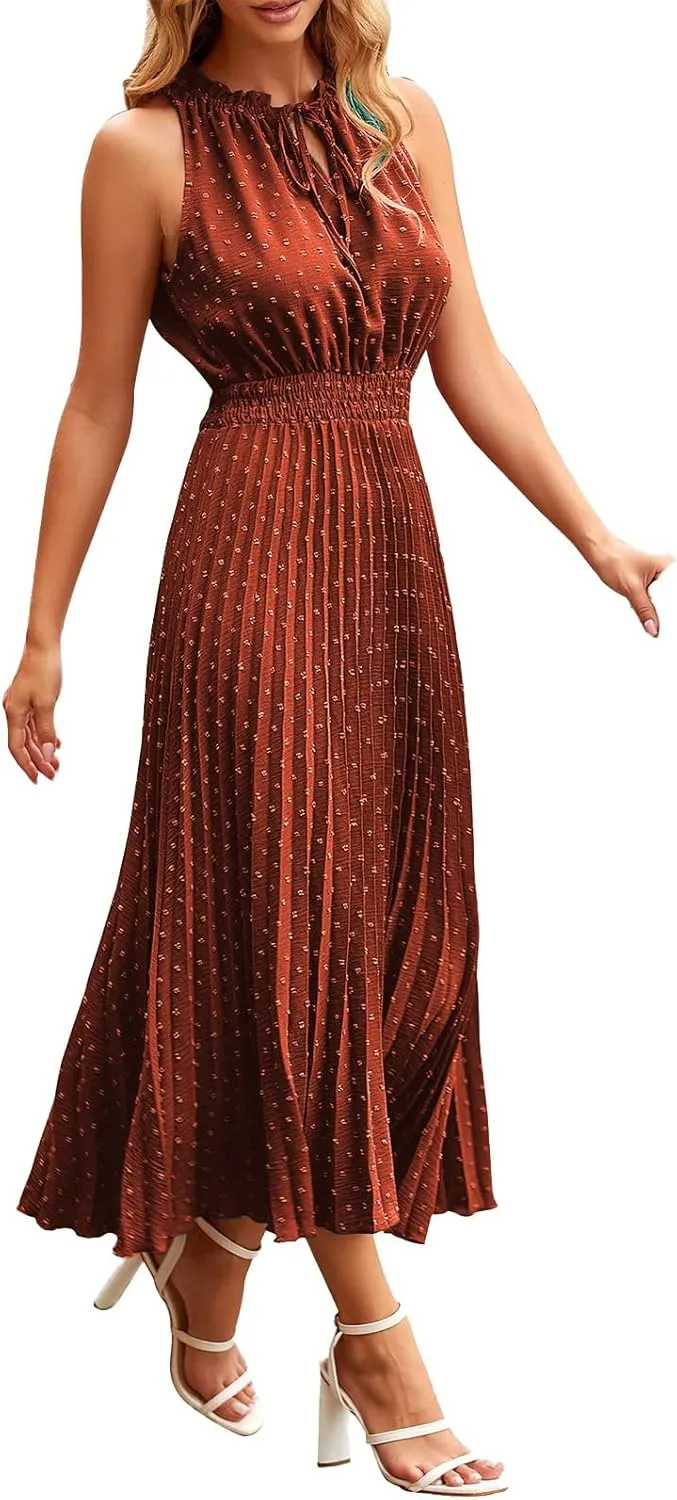 Women's Dresses Summer Ruffle V Neck Tie Dot Dresses Sleeveless A Line Maxi Dress Smocked Waist Plaeted Flowy Dress