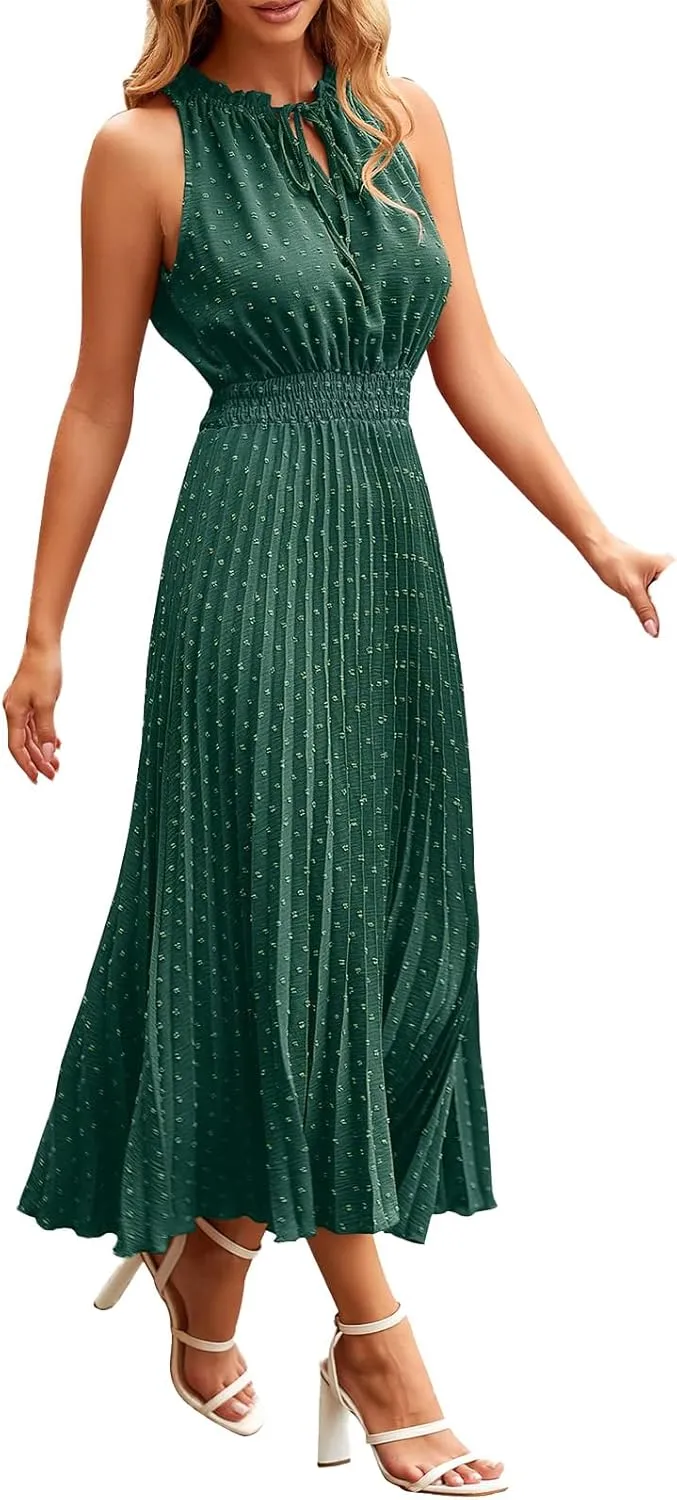 Women's Dresses Summer Ruffle V Neck Tie Dot Dresses Sleeveless A Line Maxi Dress Smocked Waist Plaeted Flowy Dress