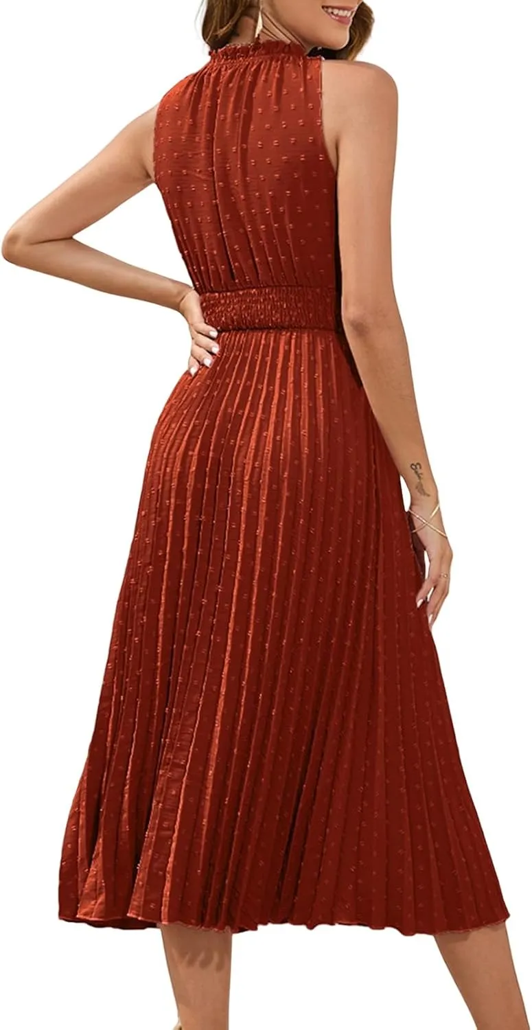 Women's Dresses Summer Ruffle V Neck Tie Dot Dresses Sleeveless A Line Maxi Dress Smocked Waist Plaeted Flowy Dress