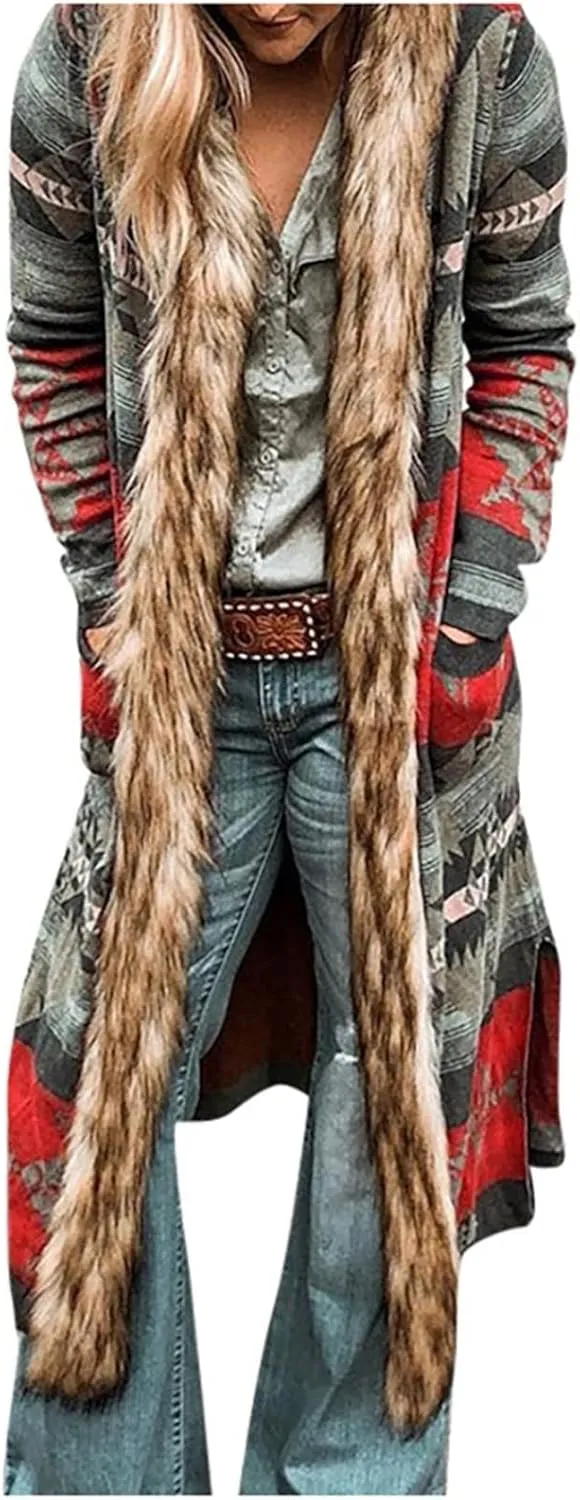Womens Faux Furs Collar Overcoat Trendy Cardigan Hooded Trench Jackets Trendy Winter Warm Open Front Outerwear