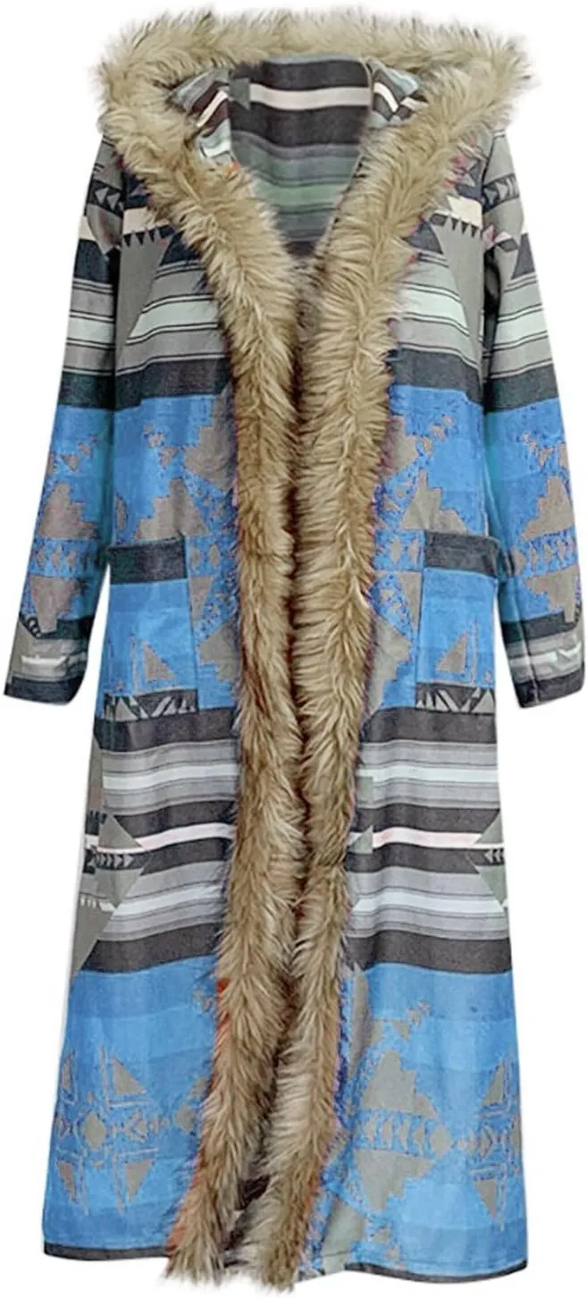 Womens Faux Furs Collar Overcoat Trendy Cardigan Hooded Trench Jackets Trendy Winter Warm Open Front Outerwear