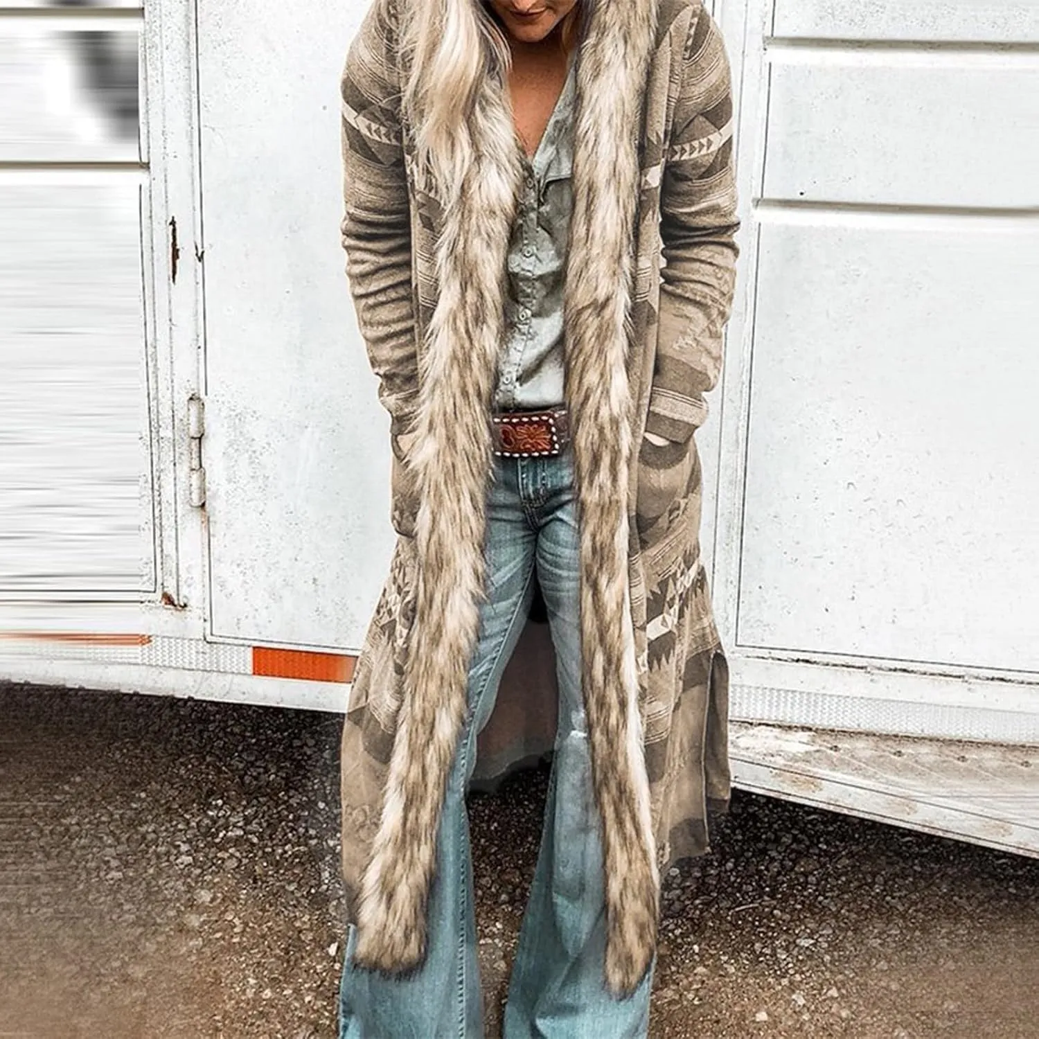 Womens Faux Furs Collar Overcoat Trendy Cardigan Hooded Trench Jackets Trendy Winter Warm Open Front Outerwear