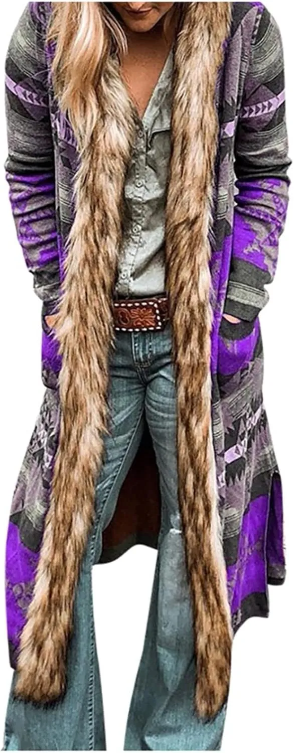 Womens Faux Furs Collar Overcoat Trendy Cardigan Hooded Trench Jackets Trendy Winter Warm Open Front Outerwear