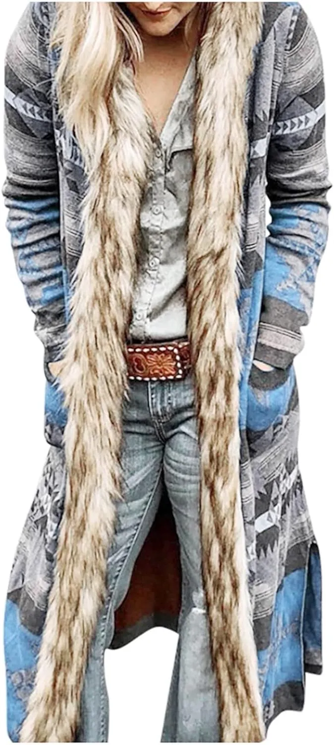 Womens Faux Furs Collar Overcoat Trendy Cardigan Hooded Trench Jackets Trendy Winter Warm Open Front Outerwear