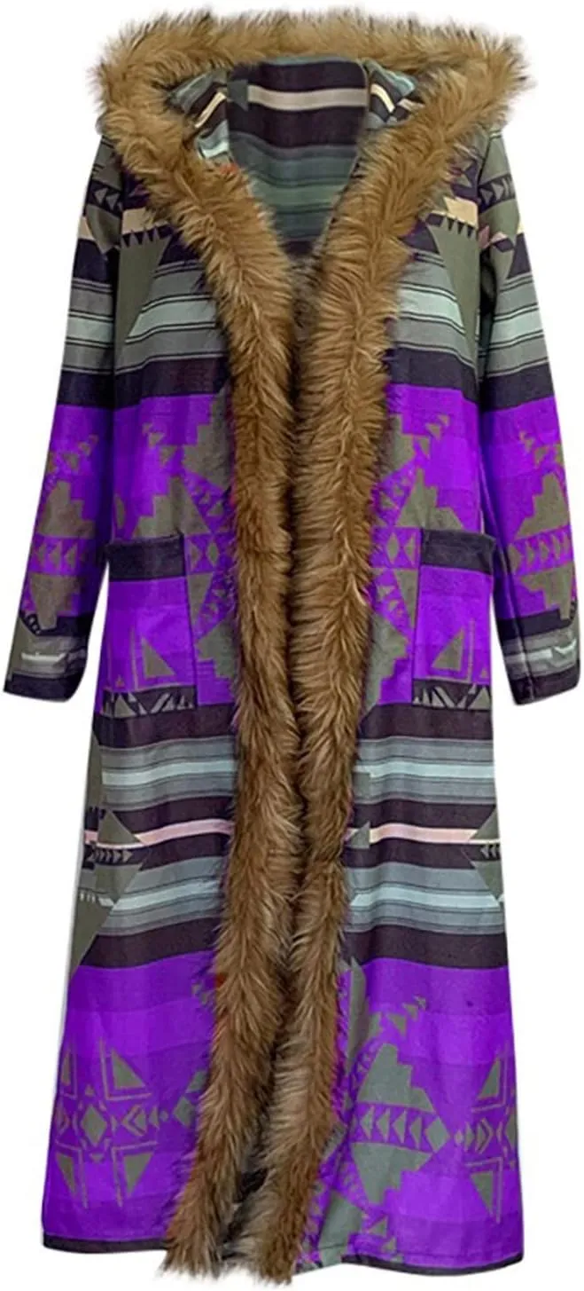 Womens Faux Furs Collar Overcoat Trendy Cardigan Hooded Trench Jackets Trendy Winter Warm Open Front Outerwear