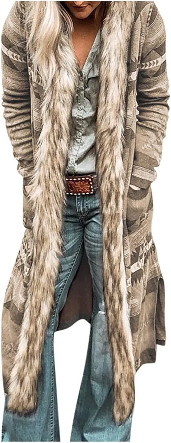 Womens Faux Furs Collar Overcoat Trendy Cardigan Hooded Trench Jackets Trendy Winter Warm Open Front Outerwear