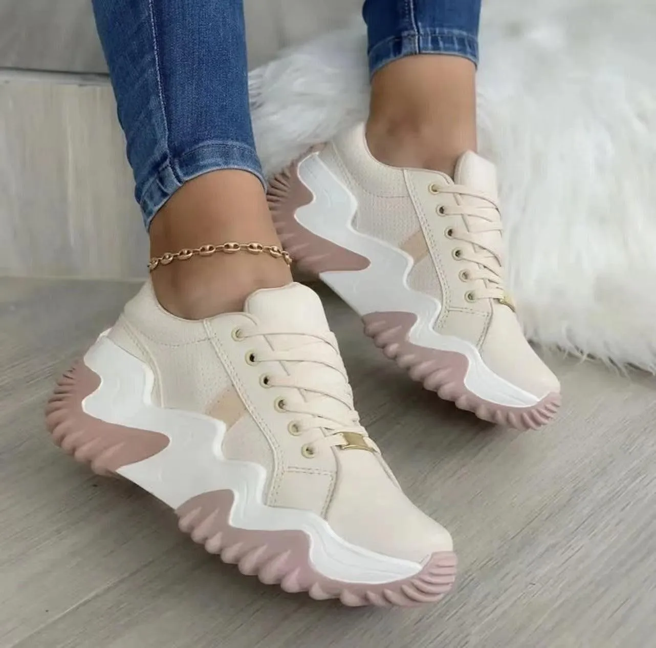 Women’s Lace-Up Sports Sneakers - Comfortable Mid-Heel Shoes