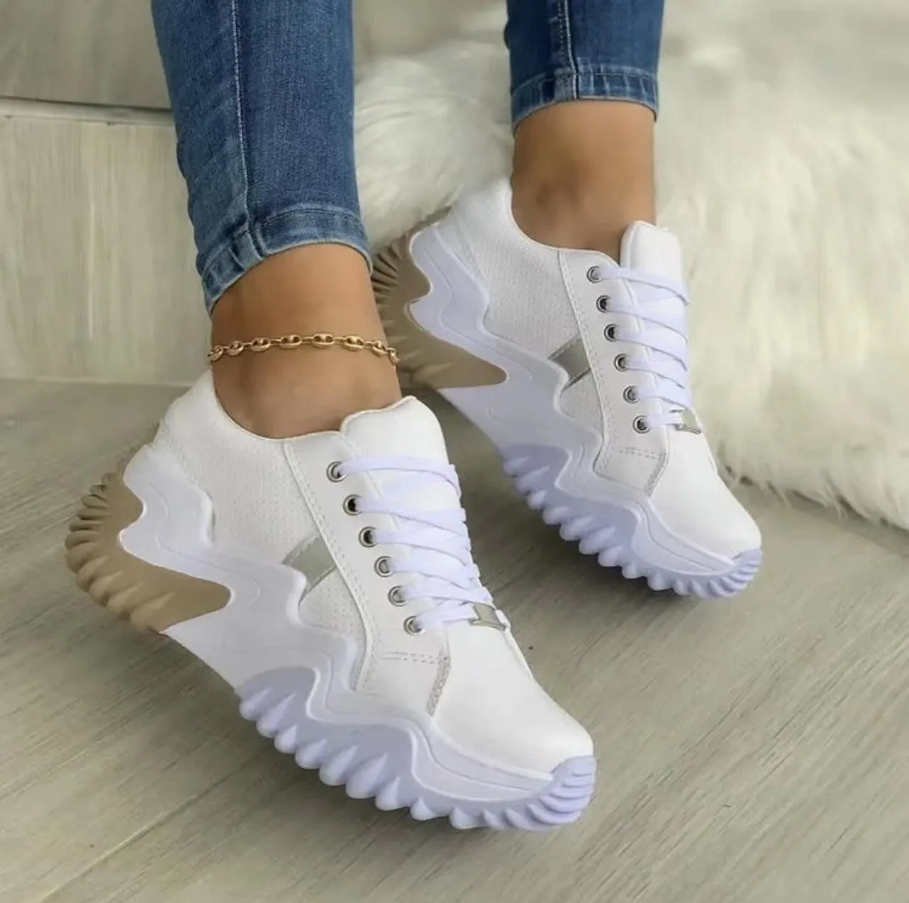 Women’s Lace-Up Sports Sneakers - Comfortable Mid-Heel Shoes