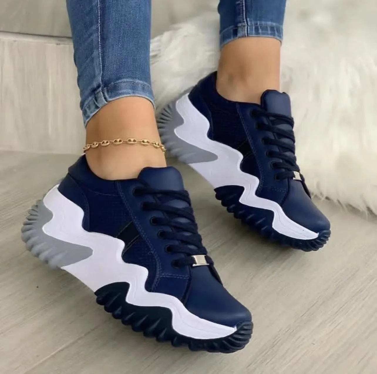 Women’s Lace-Up Sports Sneakers - Comfortable Mid-Heel Shoes