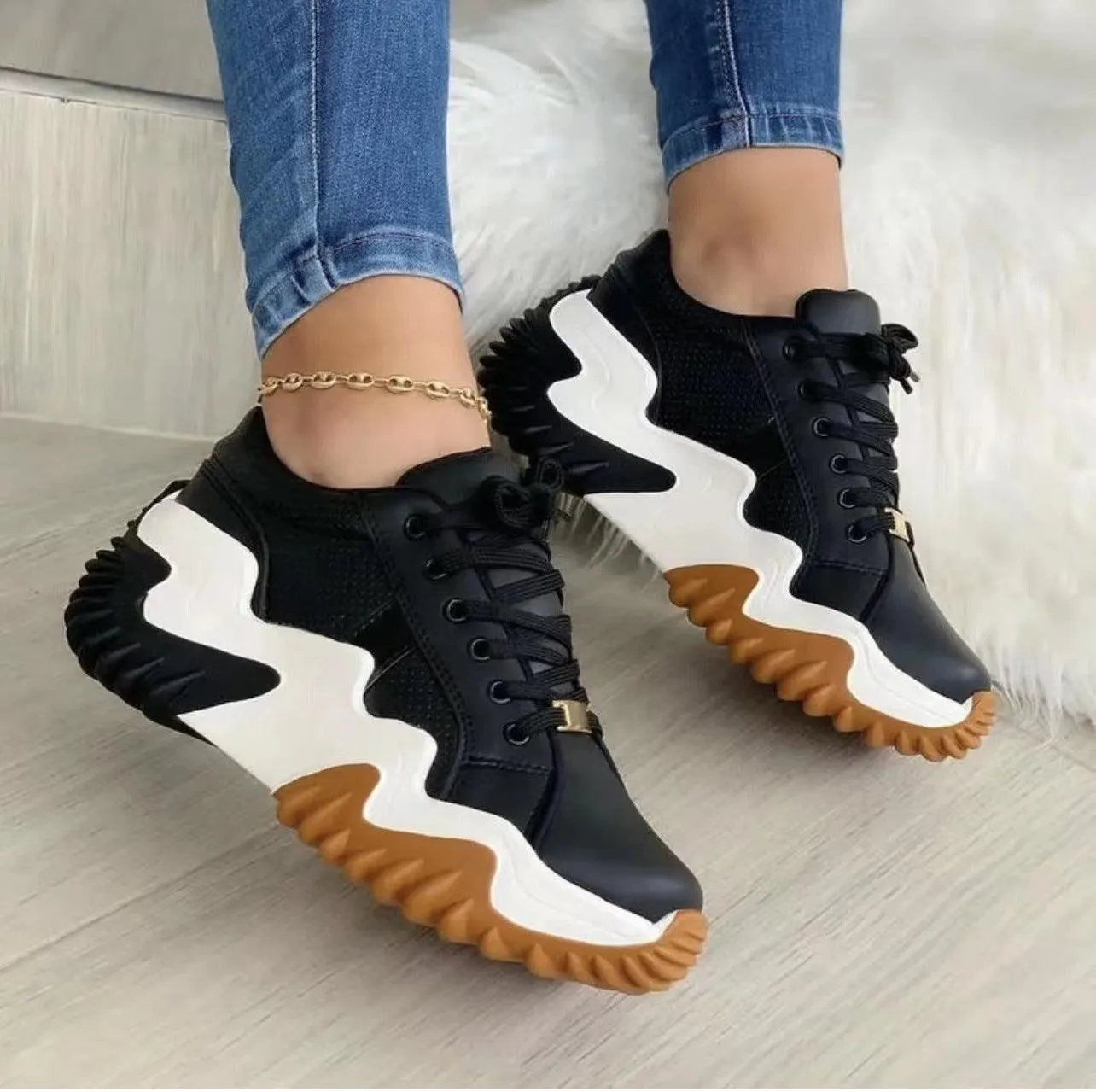 Women’s Lace-Up Sports Sneakers - Comfortable Mid-Heel Shoes