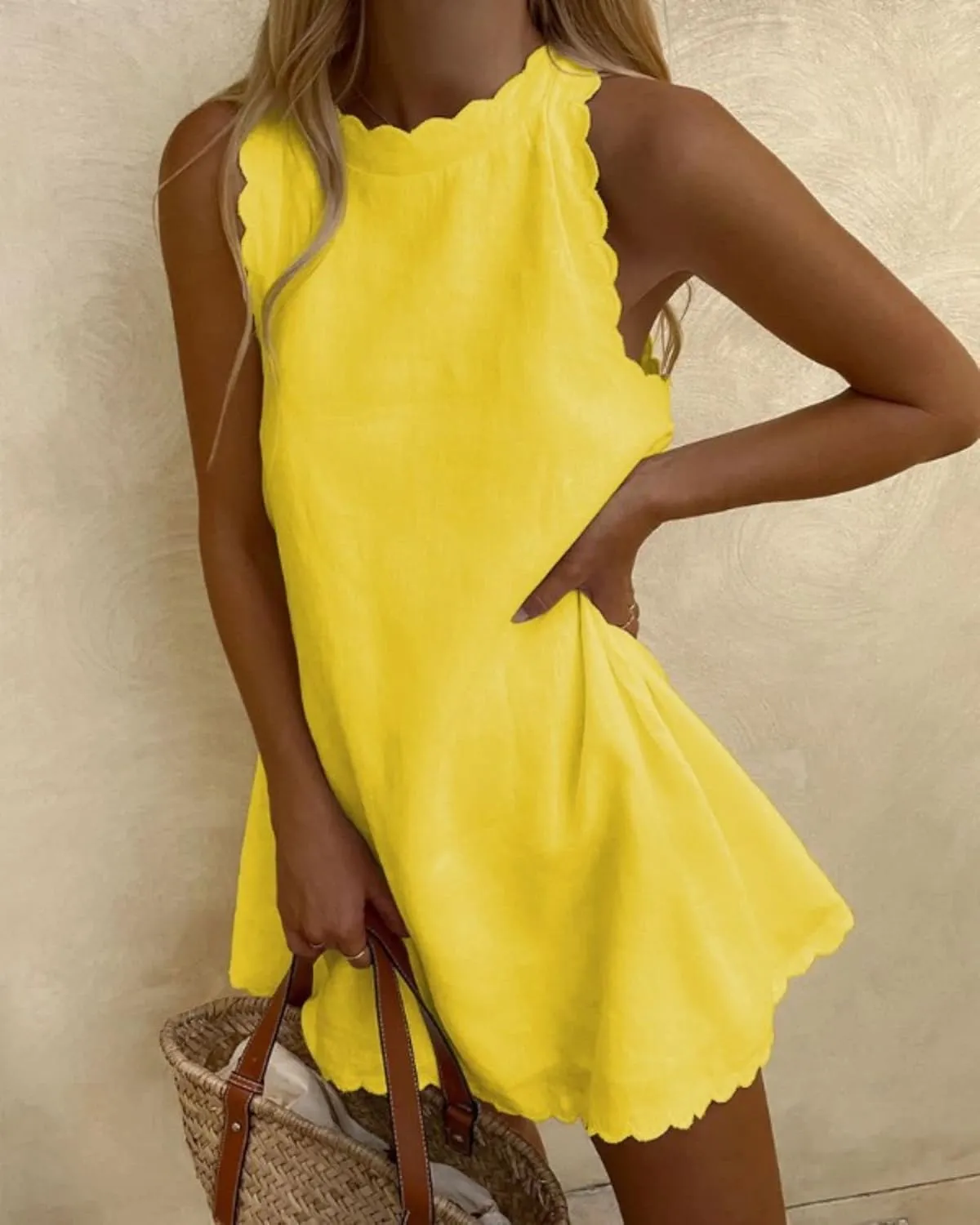 Womens Linen Sleeveless Tank Dress Crewneck Scallop Summer Short Dress Loose Casual Solid Color Flowy Beach Sundress
