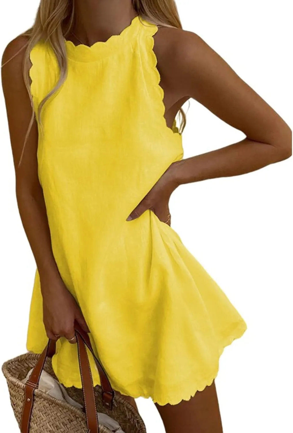 Womens Linen Sleeveless Tank Dress Crewneck Scallop Summer Short Dress Loose Casual Solid Color Flowy Beach Sundress