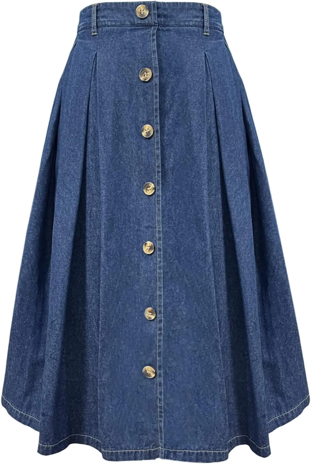 Women’s Midi Pleated Jean Skirt High Elastic Waist A-line Button Front Casual Flared Long Denim Skirts for Women with Pocket