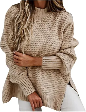 Womens Oversized Sweater Long Sleeve Spilt Hem Pullover Sweaters Cable Knit Chunky Jumper Tops Cozy Soft Knitwear