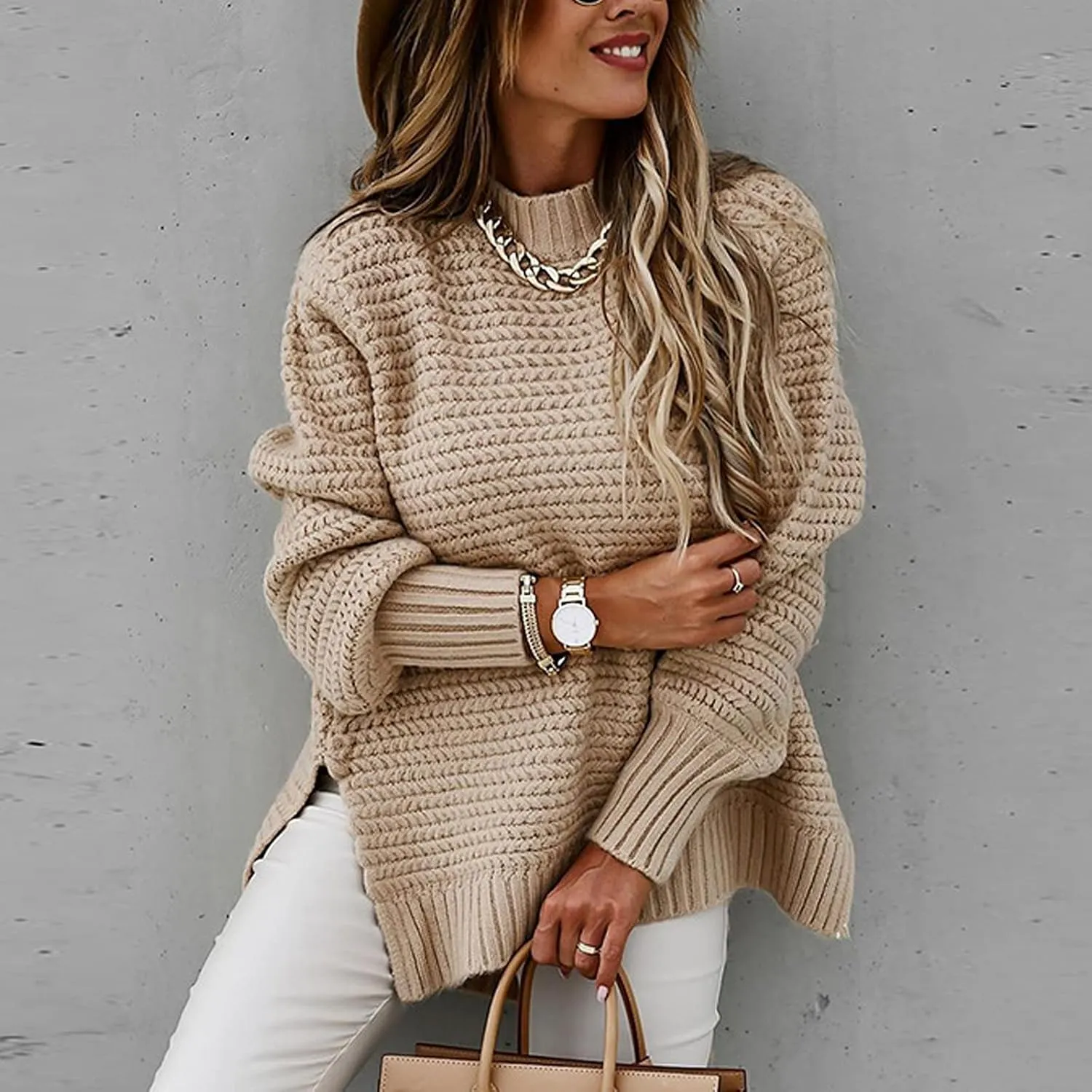 Womens Oversized Sweater Long Sleeve Spilt Hem Pullover Sweaters Cable Knit Chunky Jumper Tops Cozy Soft Knitwear
