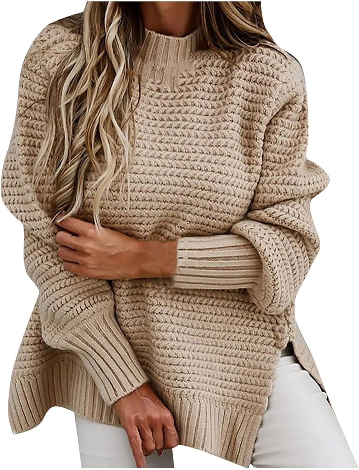 Womens Oversized Sweater Long Sleeve Spilt Hem Pullover Sweaters Cable Knit Chunky Jumper Tops Cozy Soft Knitwear