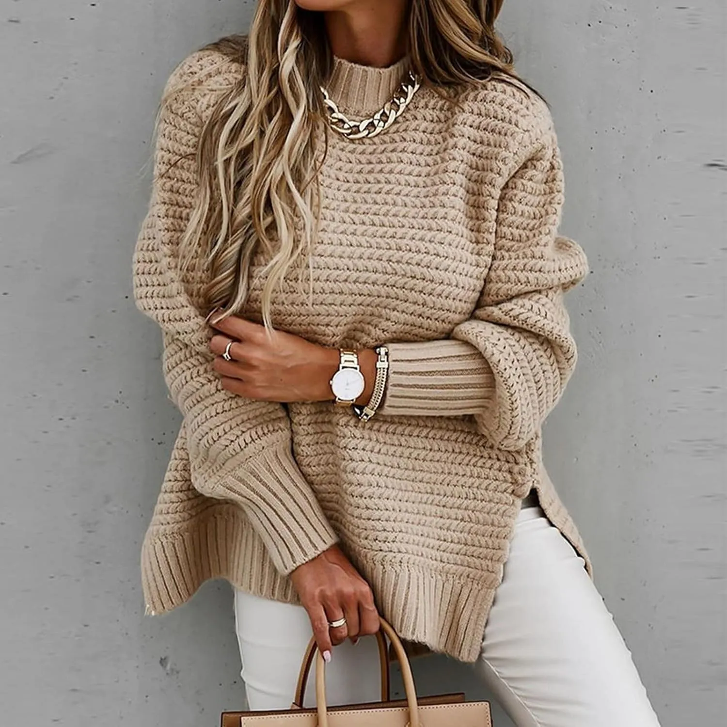 Womens Oversized Sweater Long Sleeve Spilt Hem Pullover Sweaters Cable Knit Chunky Jumper Tops Cozy Soft Knitwear
