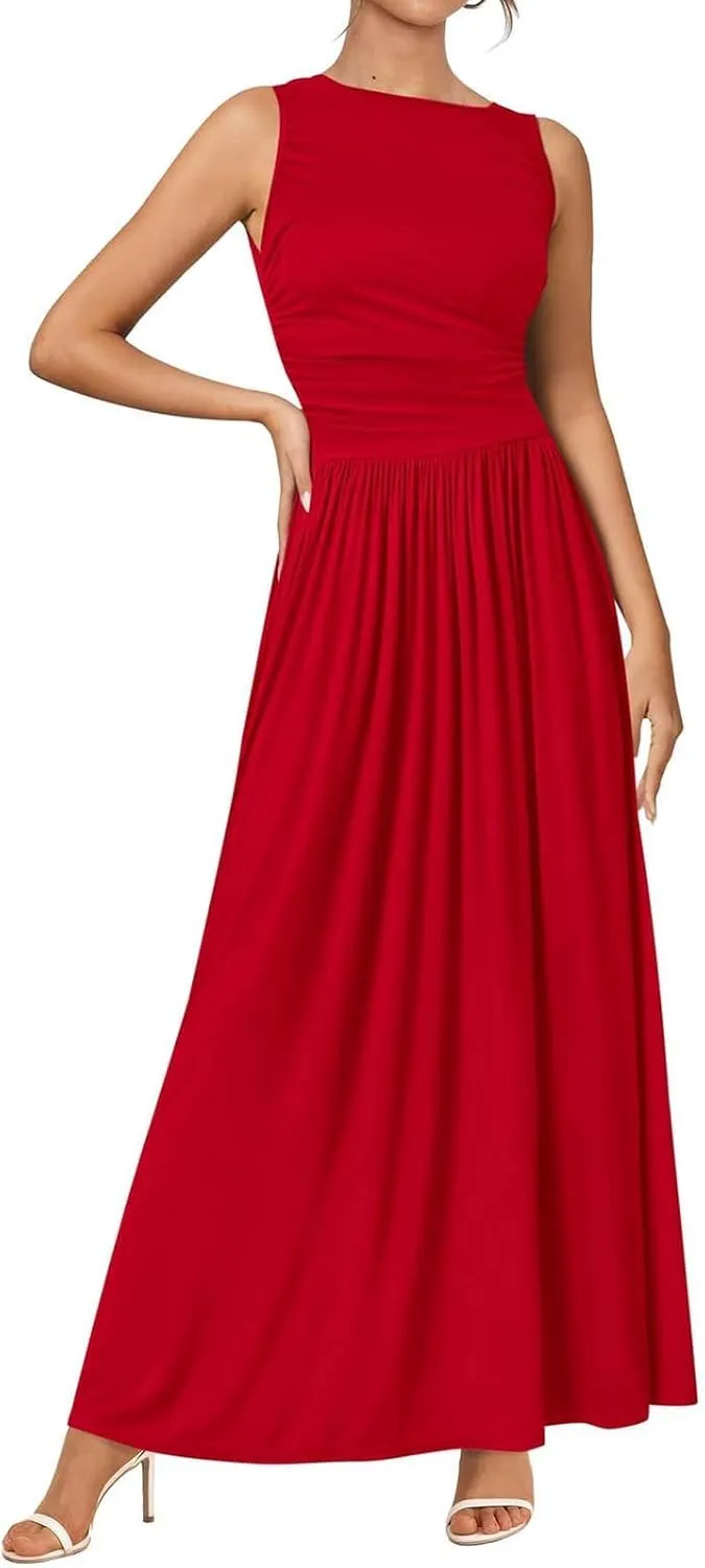 Womens Sleeveless Maxi Dress Spring Casual Plain Loose Aline Dress Elegant Dressy Wedding Guest Flowy Long Dresses