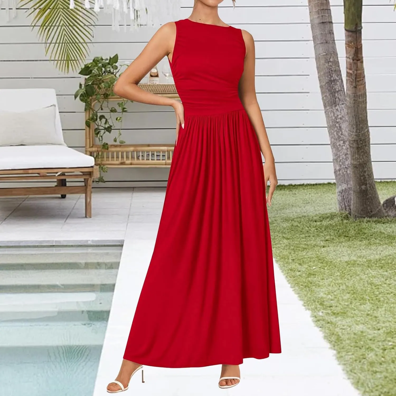 Womens Sleeveless Maxi Dress Spring Casual Plain Loose Aline Dress Elegant Dressy Wedding Guest Flowy Long Dresses