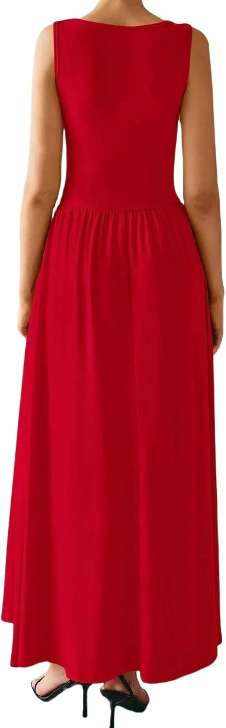 Womens Sleeveless Maxi Dress Spring Casual Plain Loose Aline Dress Elegant Dressy Wedding Guest Flowy Long Dresses