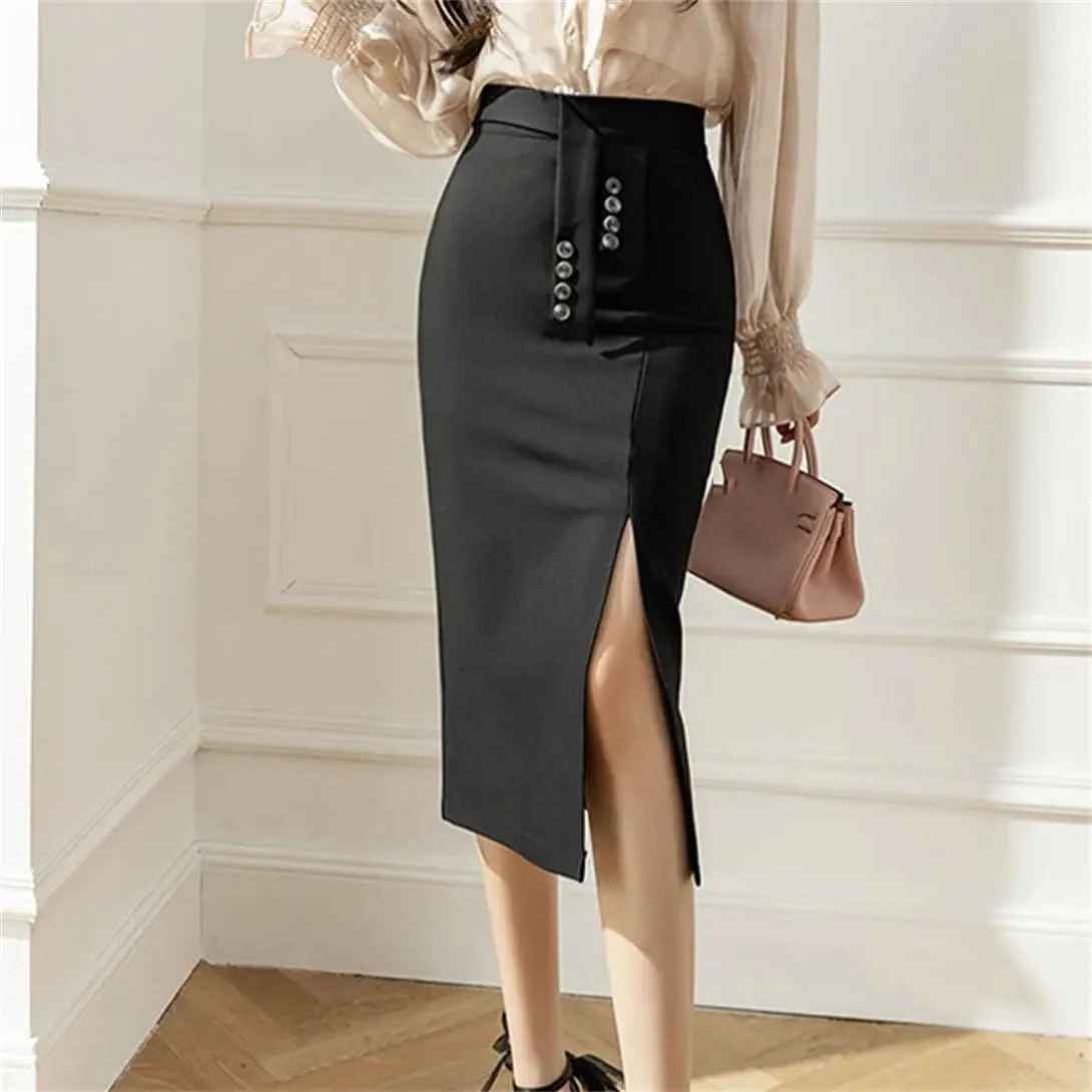Women's Slit Fishtail Skirt High Waist Button Stretch Slim Work Business Pencil Skirt