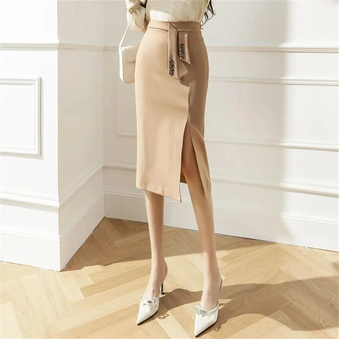 Women's Slit Fishtail Skirt High Waist Button Stretch Slim Work Business Pencil Skirt