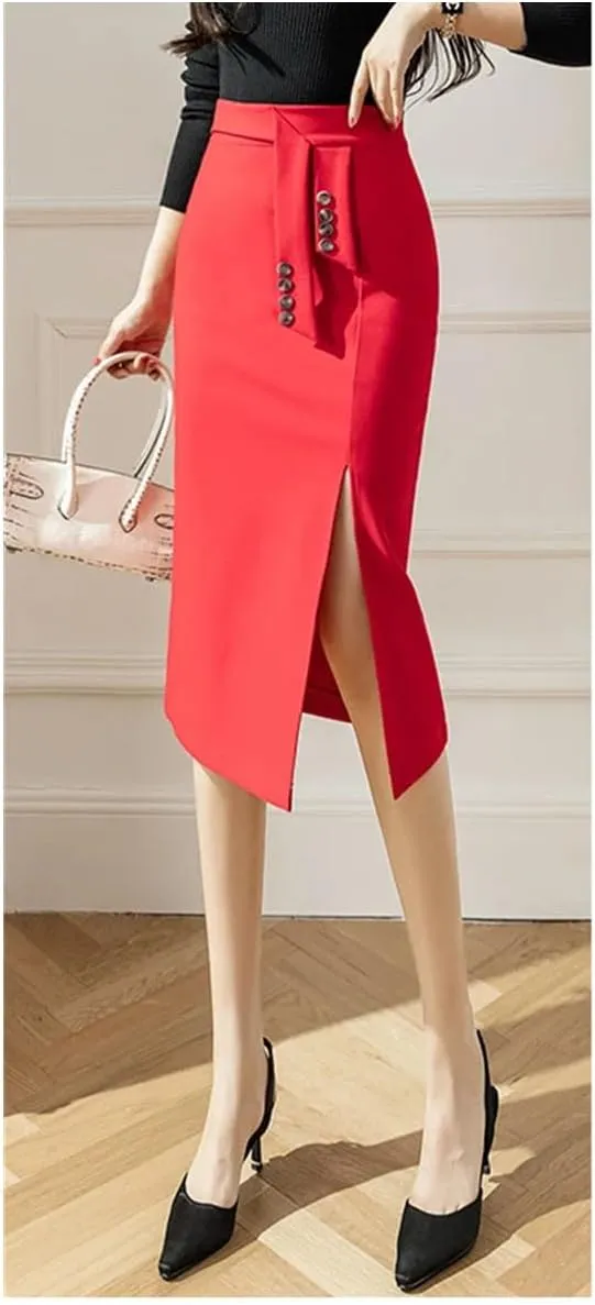 Women's Slit Fishtail Skirt High Waist Button Stretch Slim Work Business Pencil Skirt