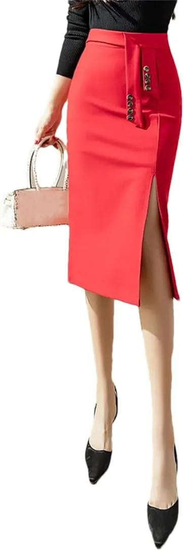 Women's Slit Fishtail Skirt High Waist Button Stretch Slim Work Business Pencil Skirt