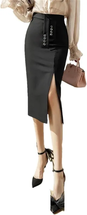 Women's Slit Fishtail Skirt High Waist Button Stretch Slim Work Business Pencil Skirt