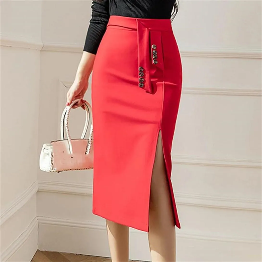 Women's Slit Fishtail Skirt High Waist Button Stretch Slim Work Business Pencil Skirt
