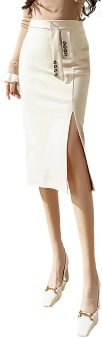 Women's Slit Fishtail Skirt High Waist Button Stretch Slim Work Business Pencil Skirt